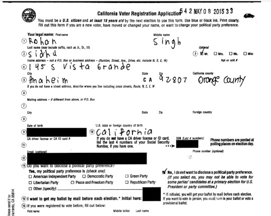 Voter Registration Form -- Rohan Sidhu II